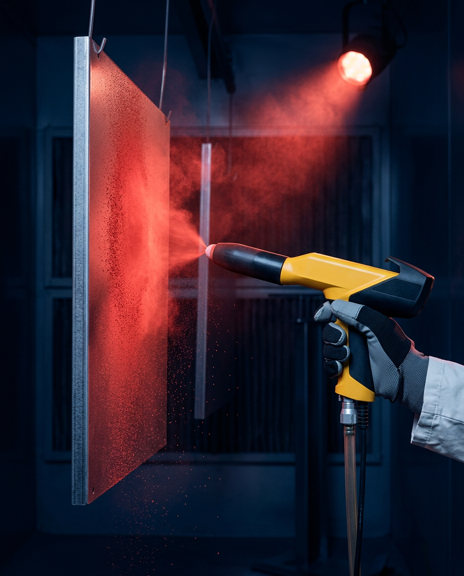 Image: Applying electrostatic powder coating to a metal part with a spray gun