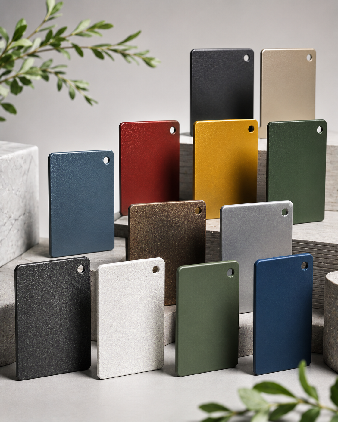 Image: Sample parts coated in different RAL colors and surface effects (metallic, matte, textured)